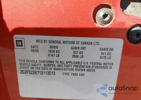 2001 Pontiac Firebird z USA, uszkodzony, nr VIN 2G2FS22K712113513